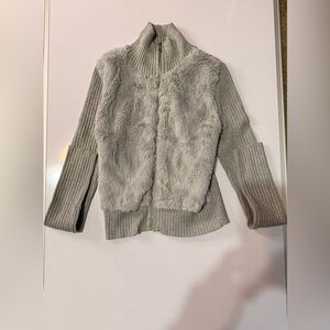 Faux Fur Front Ribbed Knit Zip Sweater - Light Gray